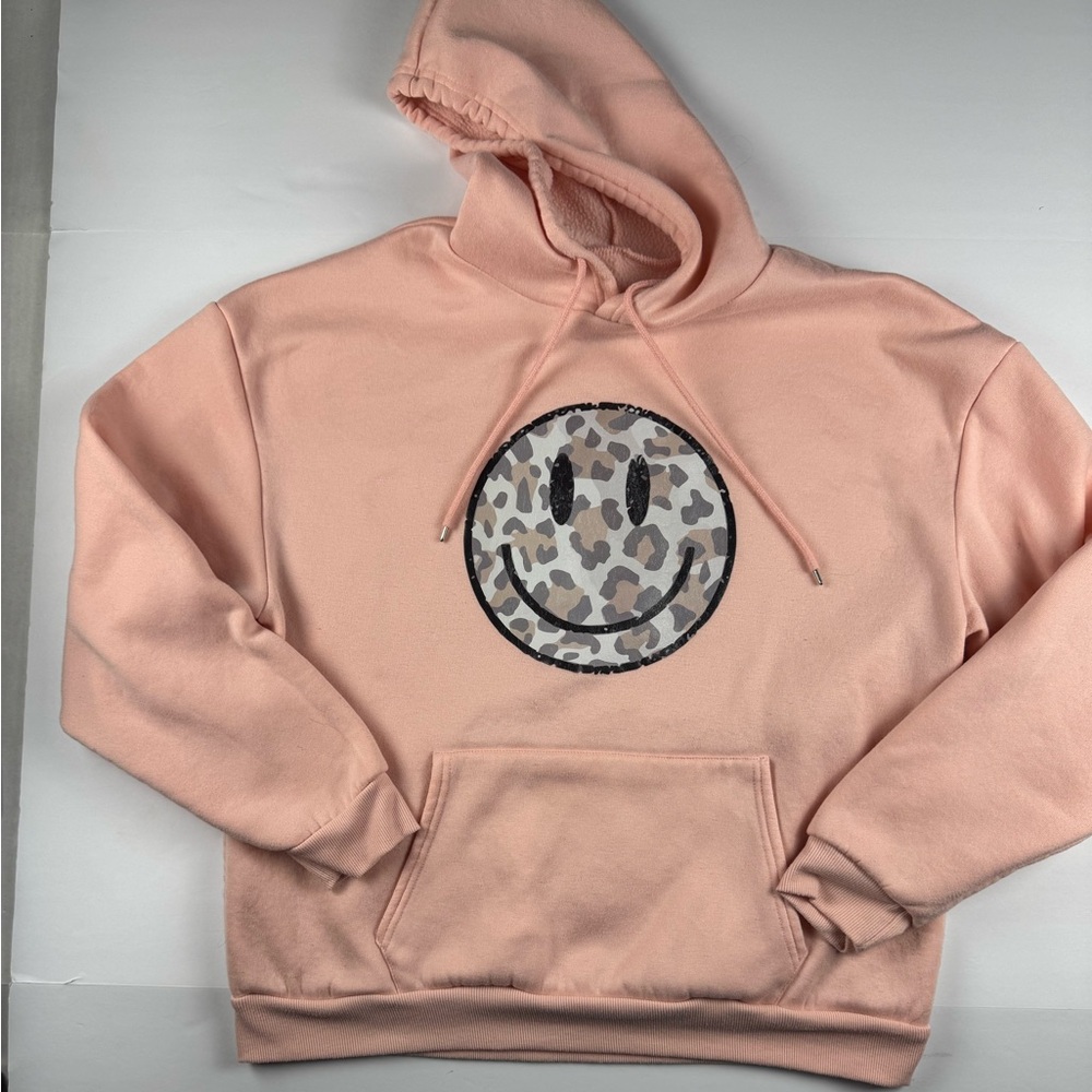 Peach Hoodie with Leopard Smiley Face